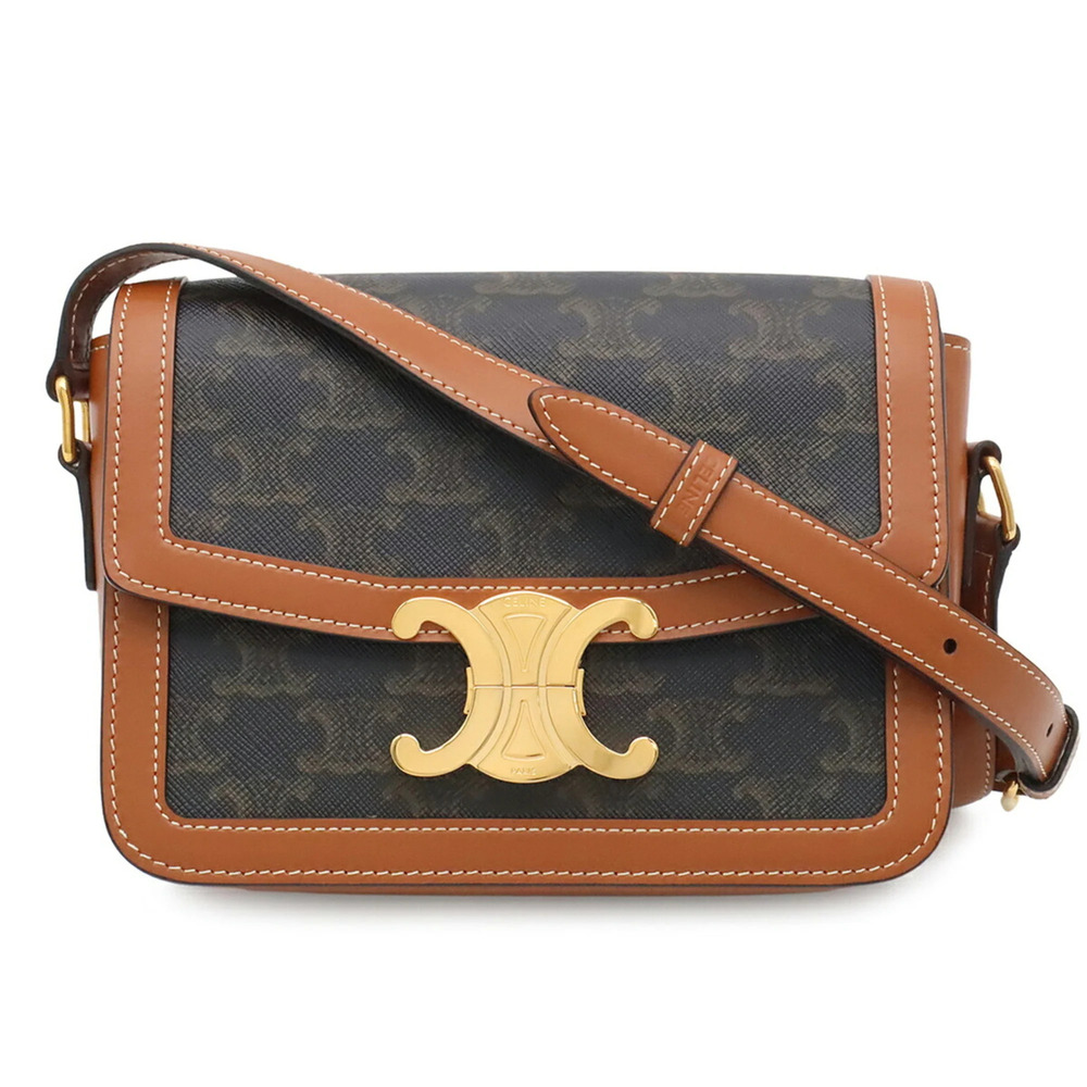 CELINE Celine Teen Triomphe Bag Pochette Shoulder Canvas Calfskin Tan Brown 1...